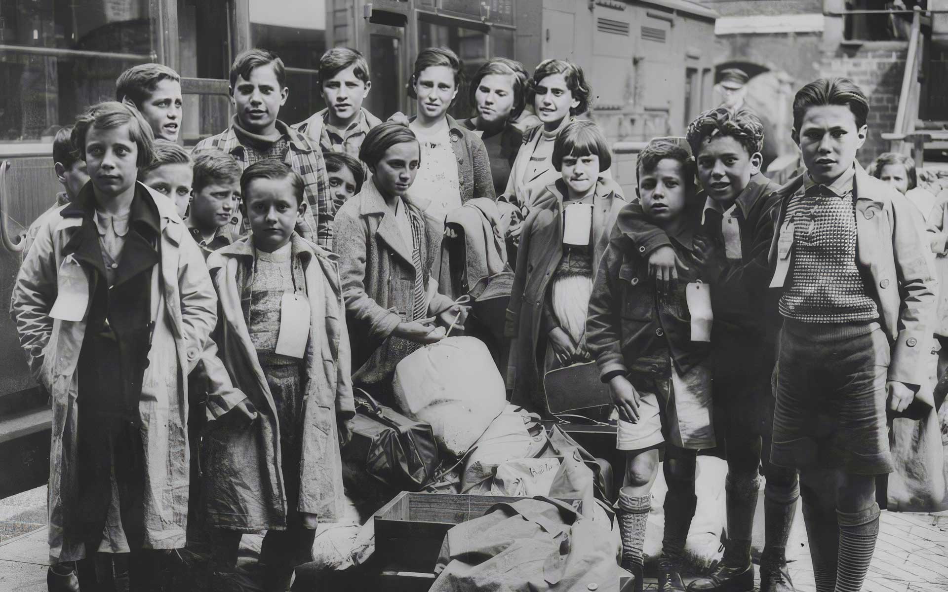 Varios niños y niñas posan con sus identificaciones y algunas maletas en 1937